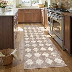 Zelie Moroccan Treills 2x8 Washable Hallway Runner Rug, Non Slip Bathroom Kitchen Carpet Runners, Checkered Modern Soft Runner for Entryway Living Roo