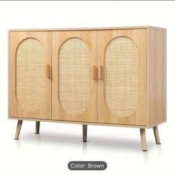 3-Door Adjustable Shelf Modern Rattan Accent Cabinet for Living Room, Bedroom, Hallway
