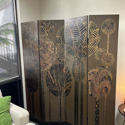  4-Panel Wood Room Divider – Boho Botanical Etched Art – 65”W x 60”H​​​​​​​​​​​​​​​​