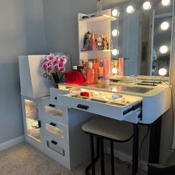 Makeup Vanity Desk With Large Mirror And Lights&charging Station,modern Corner Makeup Vanity Table With 8 Storage Drawers And 8 Shelves,makeup Table F