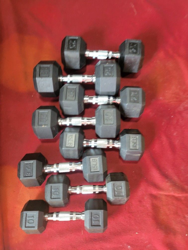 SET OF 10s 15s. 20s. 25s RUBBER COATED HEXHEAD DUMBBELLS TOTAL 140LBs
11525 S HALSTED DUNKIN DONUTS/7111.S WESTERN WALGREENS
140$ CASH ONLY AS IS