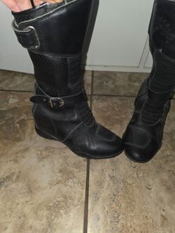 Motorcycle Black Tall Leather Boots with Buckle Detail