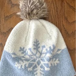 Ladies Christian Siriano Brand Ski/Stocking Cap w/Pom Pom.  Light Blue/ white Snowflake design