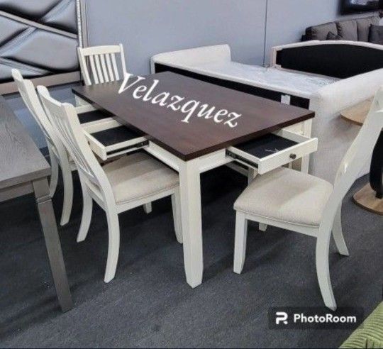 ✅️✅️6 pc Cottage country two tone off white and walnut finish wood dining table set whit beach ✅️