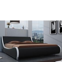 Low Profile Platform Bed Frame King Size  Faux Leather Upholstered Sleigh Bed with Ergonomics Headboard, No Box Spring Neede
