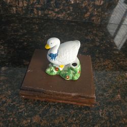 Vintage Desk Organizer – Wooden Box with Ceramic Duck Pen Holder