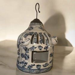 Vintage Large Chinese 16" Tall Blue and White Porcelain Hanging Bird Cage