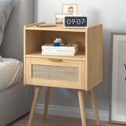 BRAND NEW..Rattan Nightstand,Modern Bedside Table with Storage Drawer and Open Wood Shelf, for Living Room, Bedroom and Small Spaces, Accent Night Sta