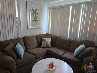 Beige Fabric Upholstered Sectional Sofa  Matching Chair and ottoman