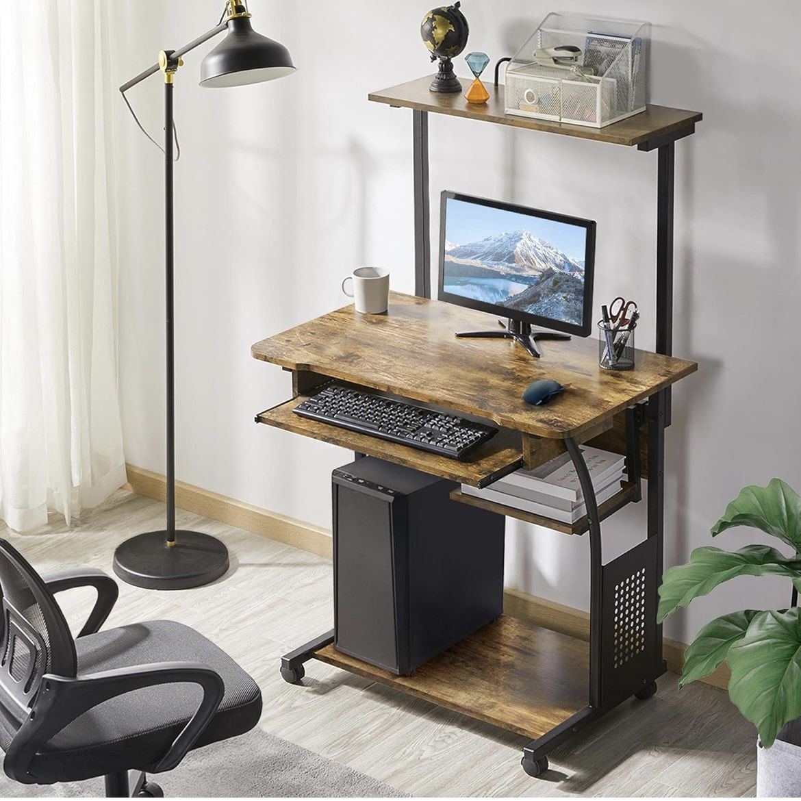 3 Tiers Rolling Computer Desk with Keyboard Tray and Printer Shelf for Home Office, Mobile Computer Desk for Small Space, Retro Computer Table Compact
