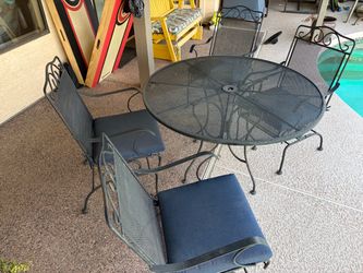Black Metal Patio Table + 4 Chairs – Sunbrella Cushions