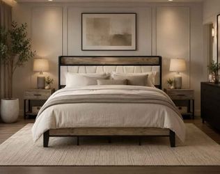 King Bed Frame with Charging Storage Headboard