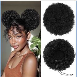 100% Human Hair Afro Puff Drawstring Ponytail for African Black Women Girls丨Short Afro Curly Bun Extension 丨Kinky Curly Short Extensions Hairpieces - 