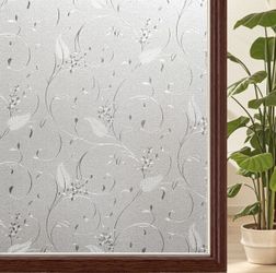 Bloss Window Privacy Film Decorative Stained Glass Floral Windows Film Non Adhesive Heat Blocking Bathroom Glass Film for Home Kitchen Office(17.7 x 7