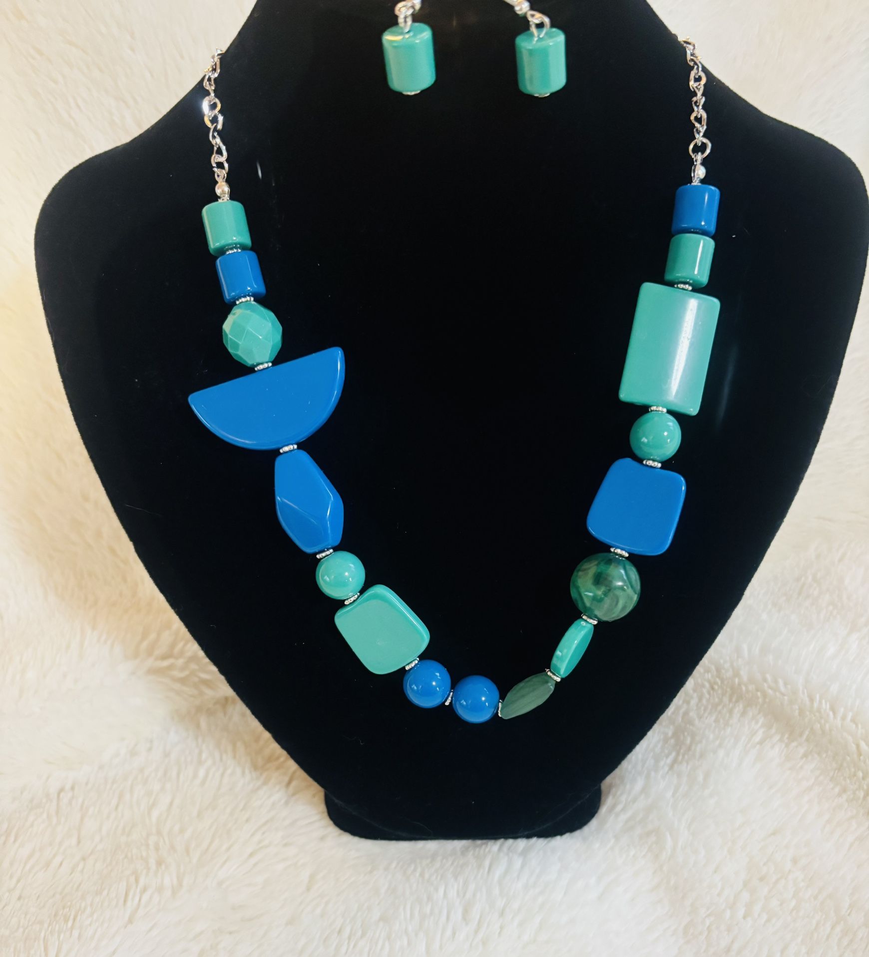 Teal & Blue Chunky Shapes Necklace & Earrings Set