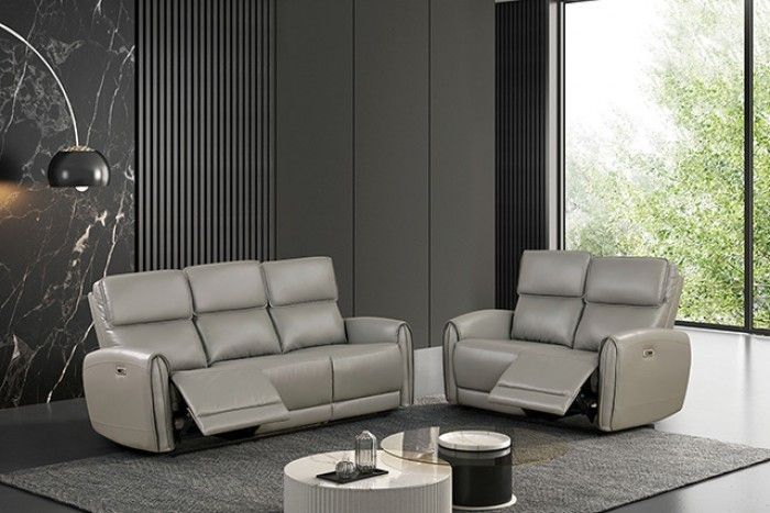 Brand New Grey Leather Power Reclining Sofa & Loveseat