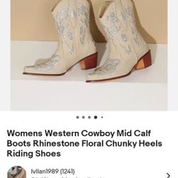 Womens Western Cowboy Mid Calf Boots Rhinestone Floral Chunky Heels Riding Shoes