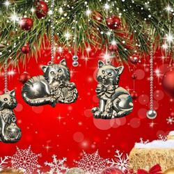Gorham 1990s Silverplate Cat Ornament Set Of 3 With Original Box, 2.5”