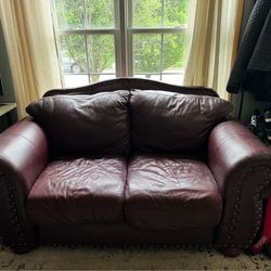 Burgundy Leather Sofa and Loveseat Set with Nailhead Trim