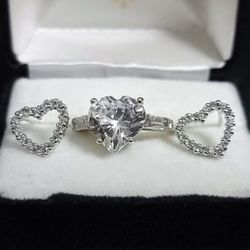 925 Sterling Silver CZ 5ct Heart Baguette Three Stone Ring SZ 8 W/ Heart Shaped CZ 925 Earrings  