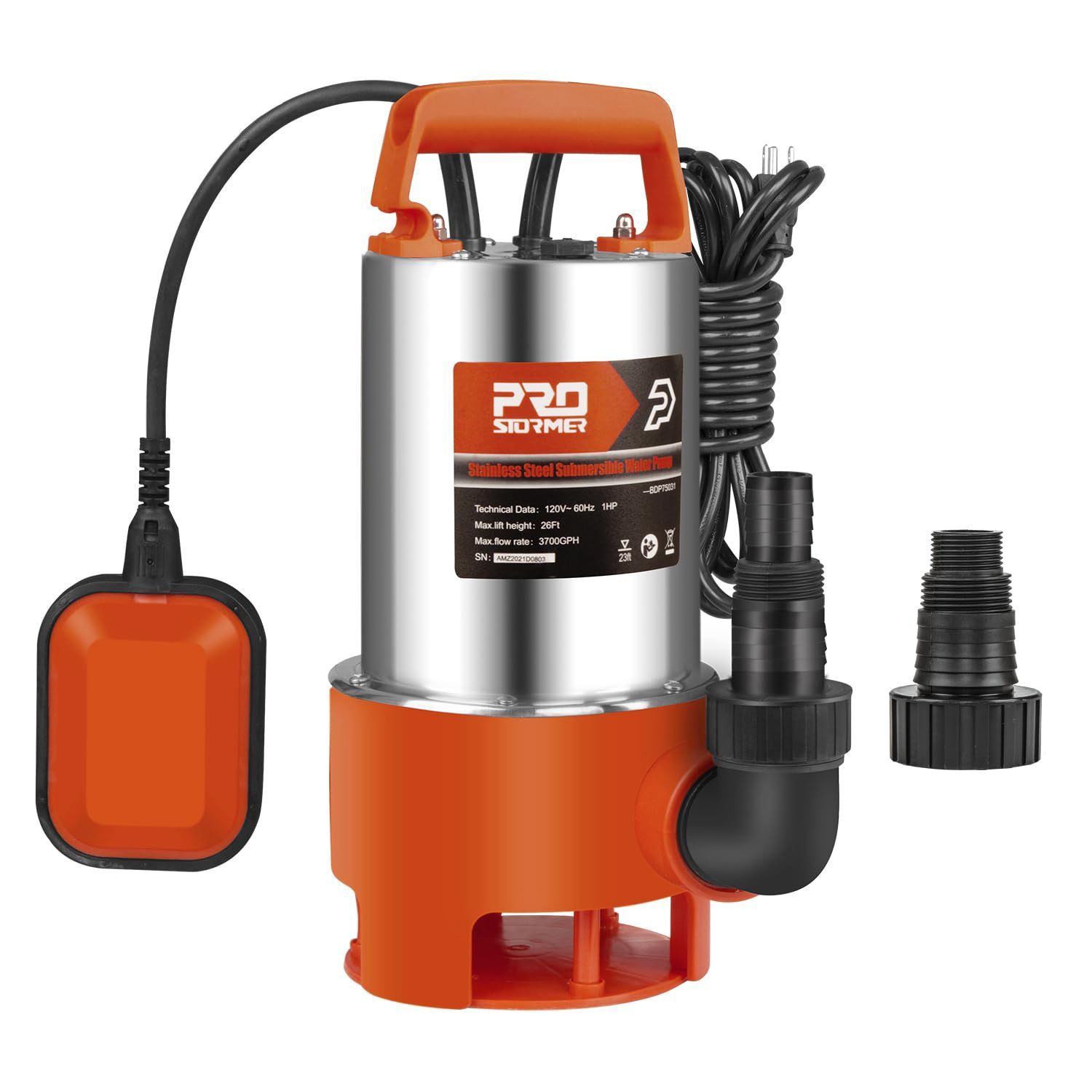 Prostormer Sump Pump, 1HP 3700GPH Submersible Clean/Dirty Stainless Steel Water Pump with Float Switch for Fresh Water, Mains Water, and Pool Water Or
