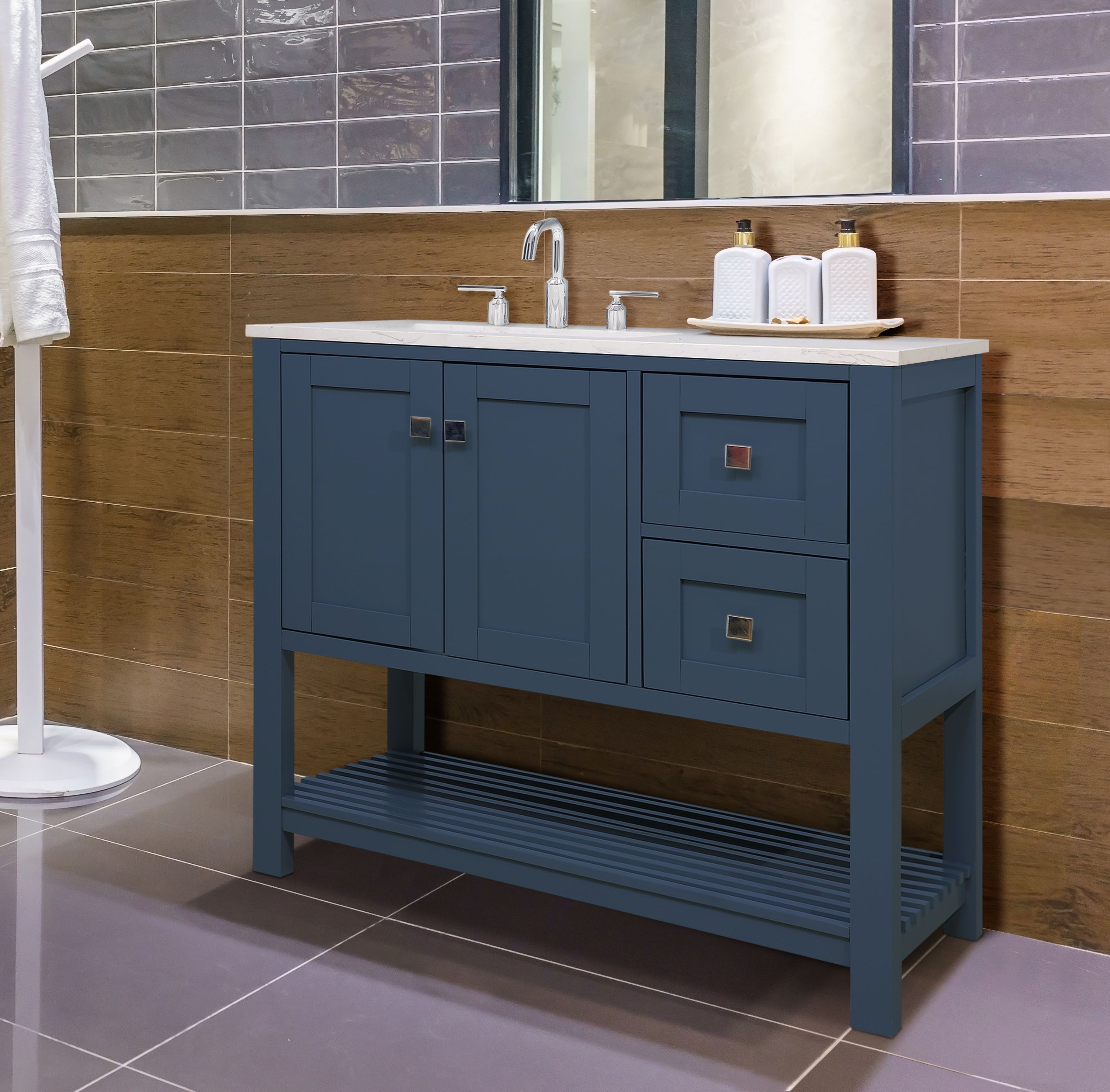 Bathroom Vanity 36" (in) Wide | Quartz Top/Backsplash & Ceramic Bowl Included