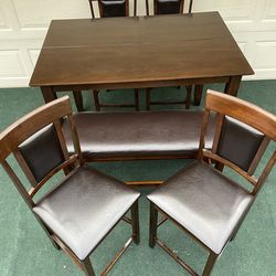 6-PC BROWN FINISH HIGH TOP DINING SET (TABLE WITH LEAF, LARGE PADDED BENCH AND 4 PADDED CHAIRS)