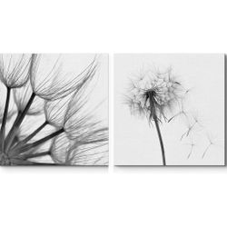 Canvas Print Wall Art Set Dandelion Duo Floral Plants Photography Realism Contemporary Relax/Calm Grey Cool Black and White