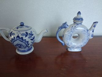 Blue and White Ceramic Teapots Set of 2