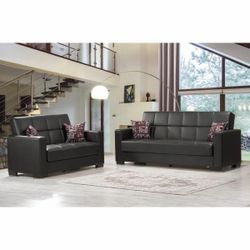 NEW ARM BLACK LEATHER SOFA BED AND LOVESEAT WITH STORAGE