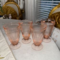 Vintage Pink Depression Glass Footed Ribbed Homespun Tumblers by Jeannette Glass Company