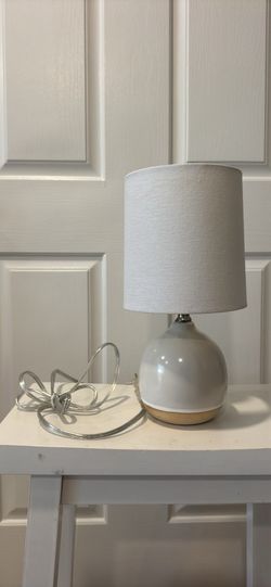 White ceramic table lamp. Bedside. White shade. Natural clay bottom. MOVING SALE