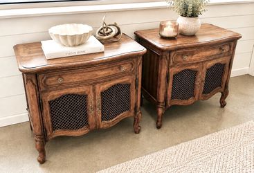 Vintage Thomasville Wood Nightstands w/Wire Mesh Doors