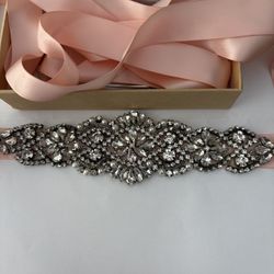Bridal Rhinestone Sash Belt – Blush Pink Satin Ribbon 