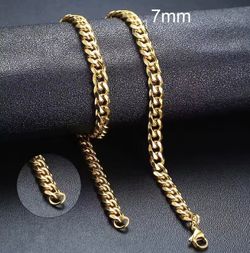 Gold Stainless Steel 7mm Cuban Chain Link Necklace for Men - 24 inch (BRAND NEW)