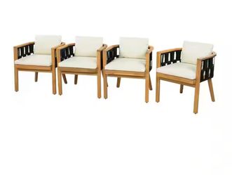 CHRISTOPHER KNIGHT HOME Layla Teak Finish Solid Wood and Black Rope Weave Patio Outdoor Dining Chairs with Cream Cushions, Set of 4