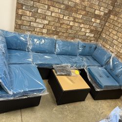 New, 7 Pieces Outdoor Patio Set With Furniture Cover( Blue/grey)