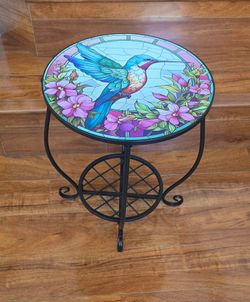 14" Hummingbird Mosaic Metal Side Table Round,  End Coffee, Yard Patio Porch Garden