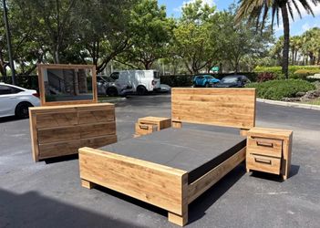 4-Piece Wood Grain Bedroom Set with Bed Frame, Dresser, Mirror, Nightstands and Box Spring