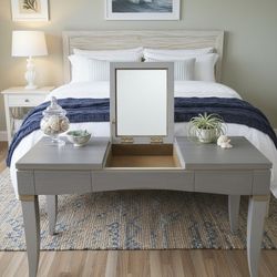 Refinished Gray Vanity with Lift-Up Mirror & Storage – Modern Makeup Table