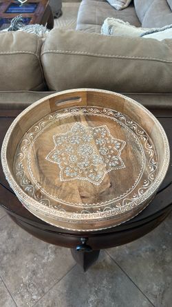 16” Carved Wood Decorative Tray | Boho Farmhouse Serving Tray