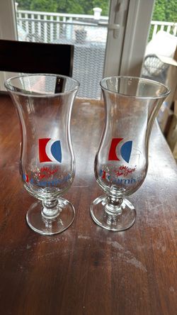 8-inch "The Fun Ships" hurricane glasses from Carnival Cruise Line, popular as cocktail and souvenir glassware during the 1980s and 1990s