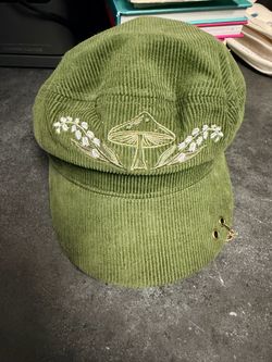 Green Corduroy Newsboy Cap with Mushroom Embroidery