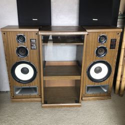 Vintage Technics SB-2840 Speakers + Matching Stereo Media Cabinet