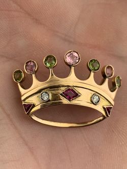 ANTIQUE SOLID 14K ROSE GOLD & GEMSTONES CROWN PENDANT BROOCH PIN