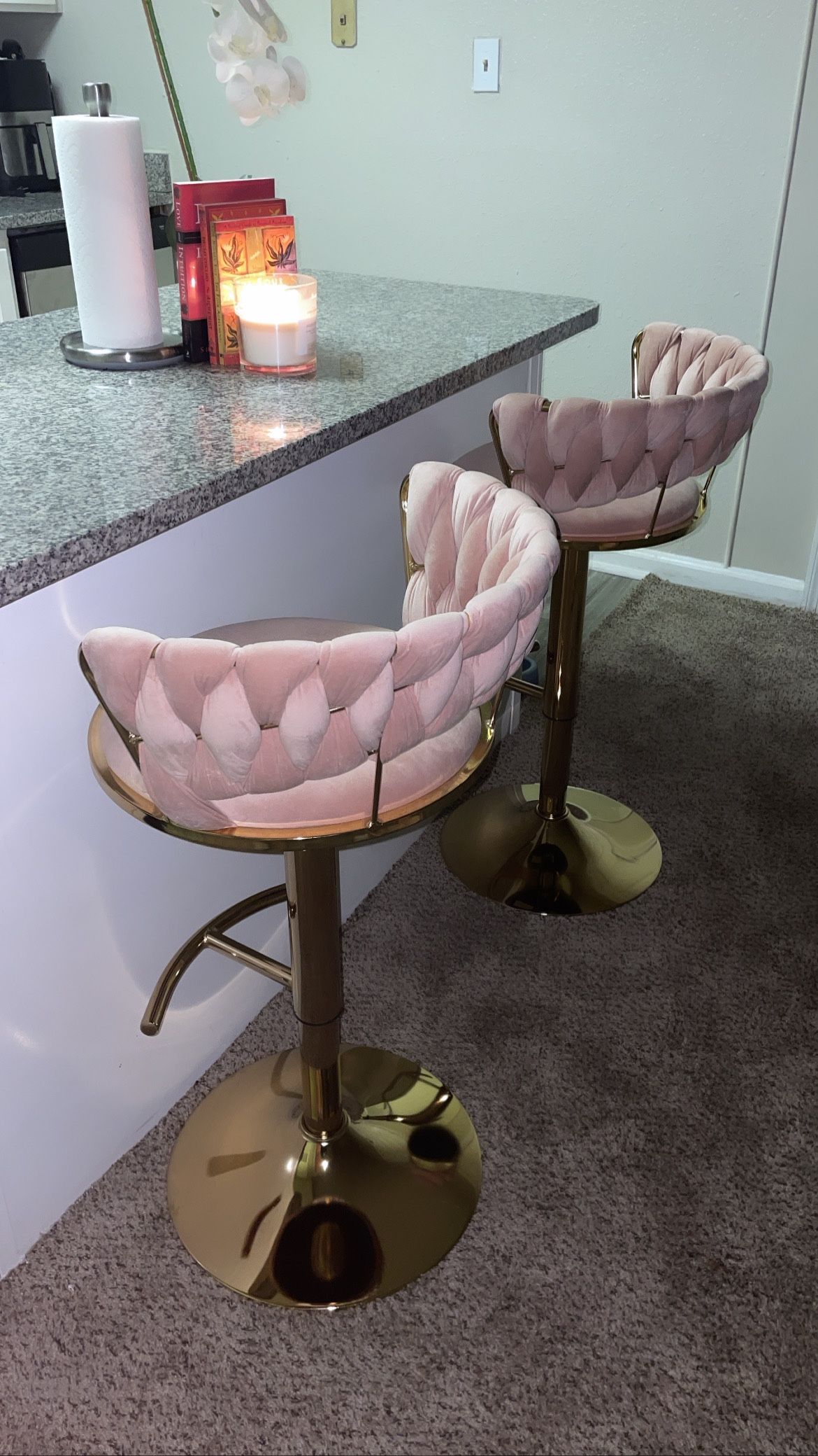 Set of 2 Luxe Velvet Barstools β Blush Pink & Gold | Adjustable Height β $100 (Pair)