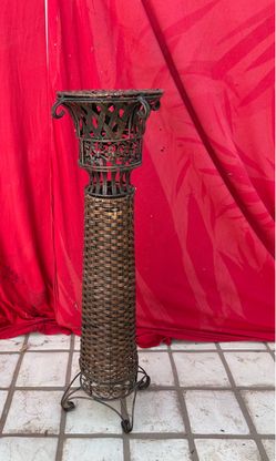 Vintage Tall Wicker & Metal Pedestal Plant Stand