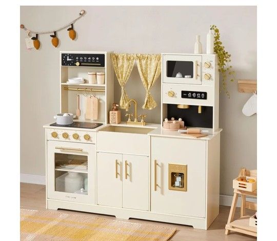 Play Kitchen for Kids, Toy Kitchen Set with Plenty of Play Features, New Modern Kids Wooden Play Kitchen Designed in Trendy Home Style with Curtains,