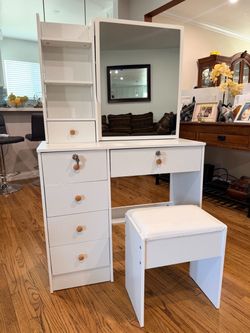 White Vanity Desk with 6 Drawers, 5 Shelves, Makeup Stool & Slide Mirror for Girls Bedroom