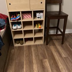 12 Pair Shoe Shelves With Sliding Door & Tall Bar Stool